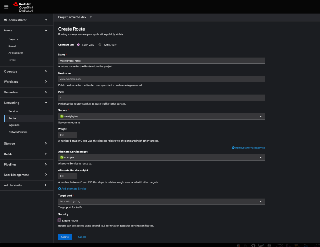 OCP Web Console to create a route